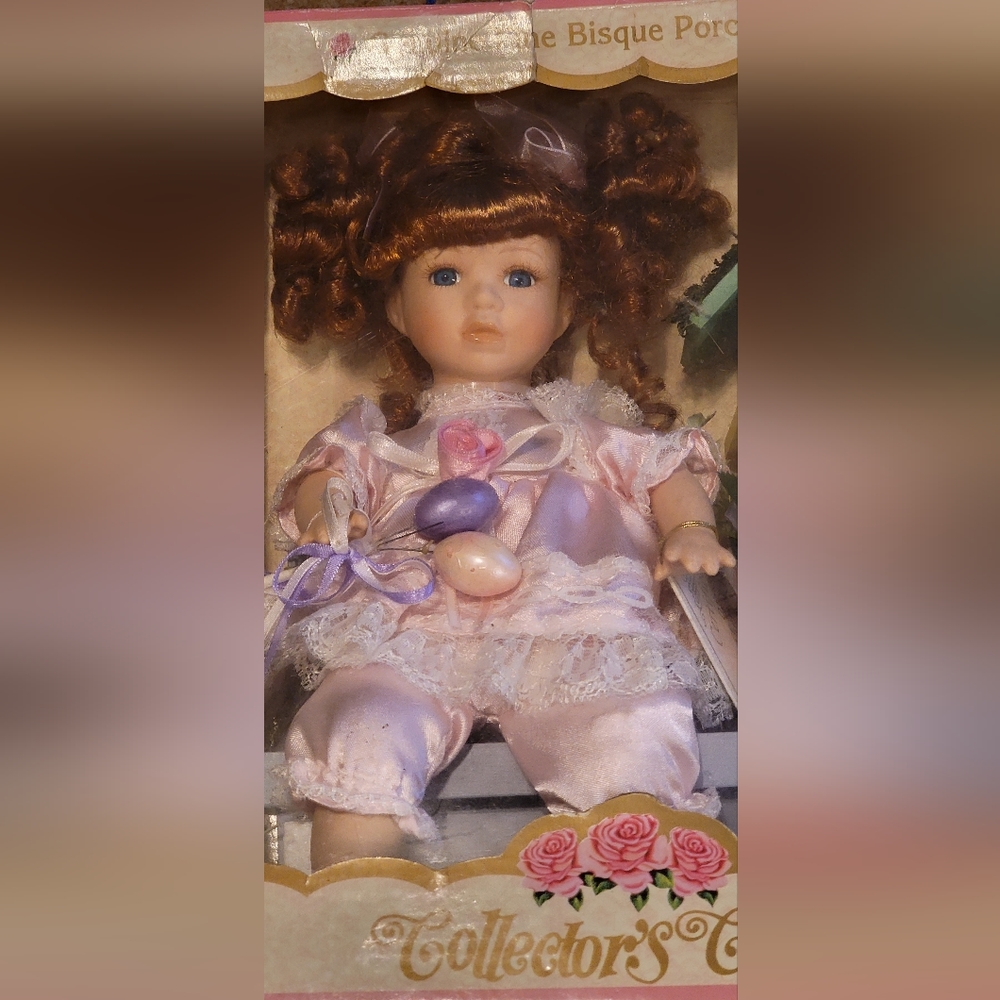 Dan Dee Collectors Choice 11" Porcelain Doll Easter Eggs Bench Bird House Spring